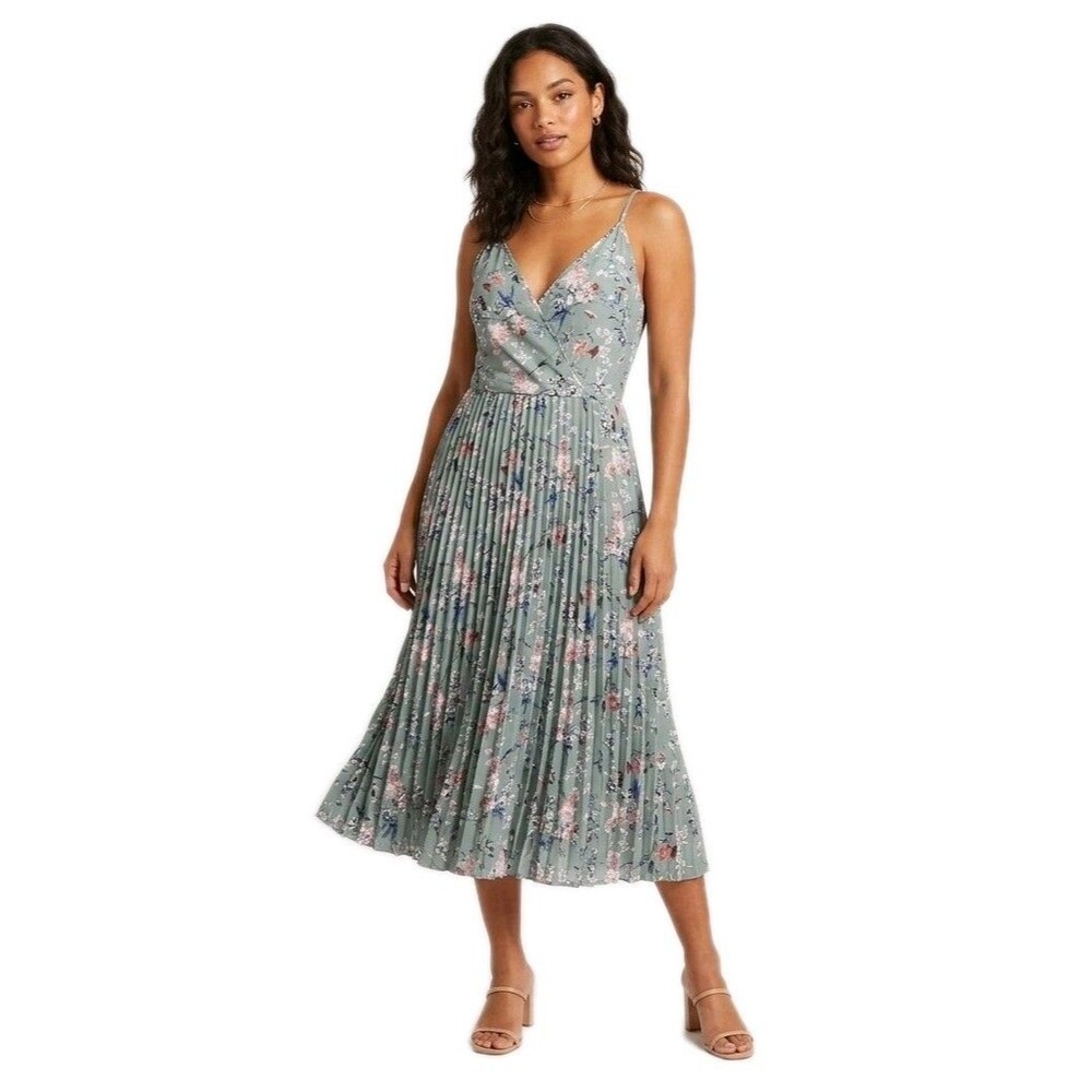 Womens Midi Sundress Dress Large Green Floral Crossover Pleated Back Zip V-Neck